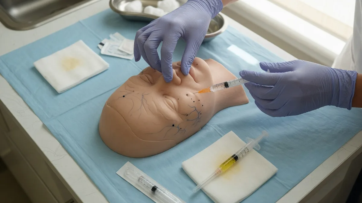 Clinician practising an injection on a live model during a hands-on session
