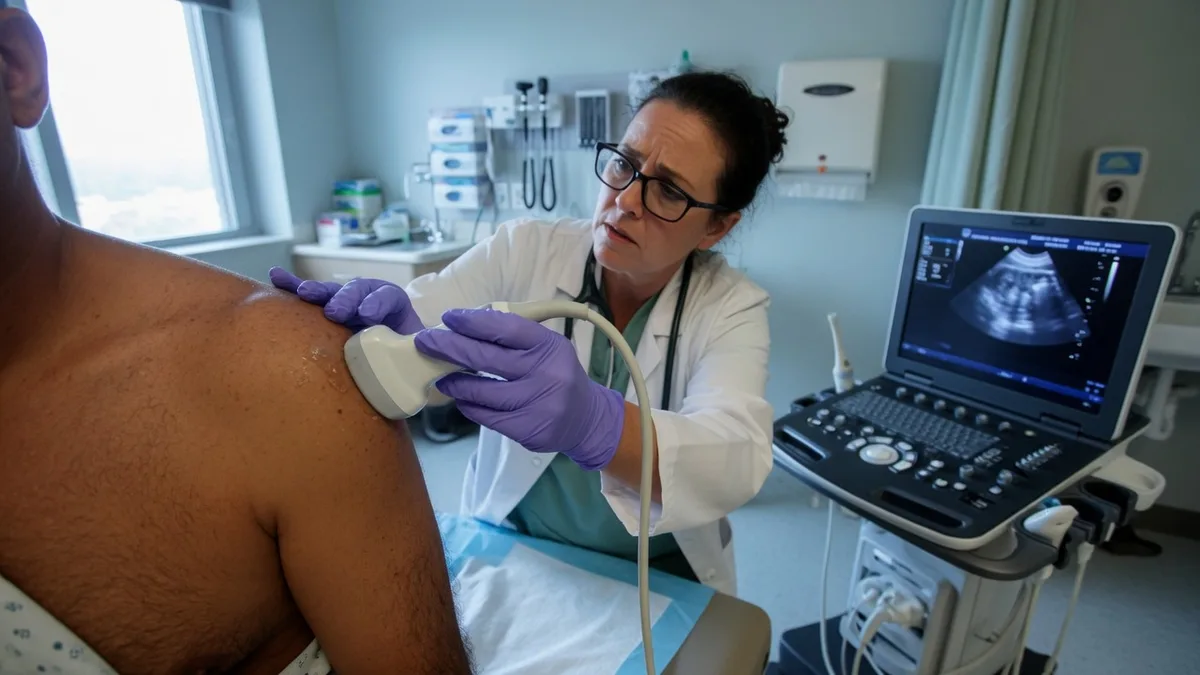 Ultrasound-guided injection being performed on a shoulder
